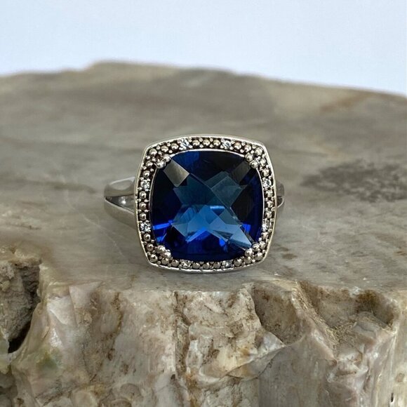 Sterling Silver 925 P☆M Blue Cubic Zirconia & Diamond Accent Stone Ring Sz 7 - Picture 2 of 16
